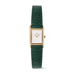 Bound Mini Green Lizard Rose Gold women’s watch featuring a rectangular rose gold case, minimalist white dial, and textured green lizard-embossed leather strap.