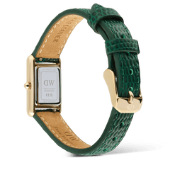 Back view of the Bound Mini Green Lizard Gold watch showing the gold rectangular case, stainless steel case back, and green lizard-embossed leather strap with a gold pin buckle.