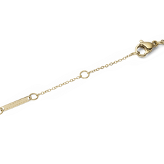 Detail of the Audrey Necklace Tiger Eye Gold chain showing the adjustable length loops, lobster clasp, and a gold bar engraved with Daniel Wellington branding.