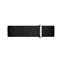 Cornwall Strap Silver showcases a minimalist black NATO style watch strap made from durable polyester, finished with a polished silver buckle for a refined look.