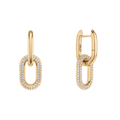 Crystal Link Earrings Gold featuring a unique link design, crafted from gold plated brass and adorned with sparkling cubic zirconia crystals, shown with a secure clasp and petite size suitable for everyday wear.
