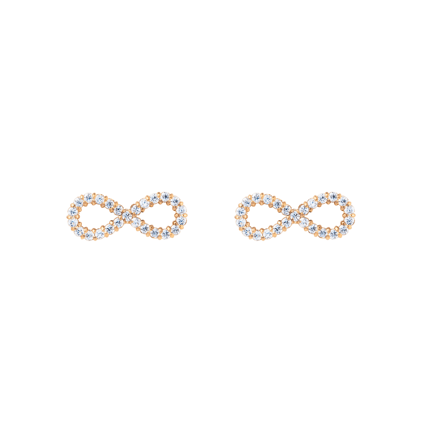 Petite infinity-shaped stud earrings in rose gold, each set with sparkling white cubic zirconia crystals for a refined and elegant look.