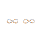 Petite infinity-shaped stud earrings in rose gold, each set with sparkling white cubic zirconia crystals for a refined and elegant look.