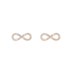 Petite infinity-shaped stud earrings in rose gold, each set with sparkling white cubic zirconia crystals for a refined and elegant look.