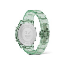 Back view of the Daniel Wellington Retro Digital Light Green Light Green watch, showing the transparent light green link bracelet, stainless steel case back, and safety lock butterfly buckle.