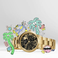 Limited edition Daniel Wellington Iconic Link Dual Tone Gold watch with a black dial featuring Steven Harrington’s gold illustrations, displayed with playful cartoon artwork in the background highlighting its creative and artistic design.