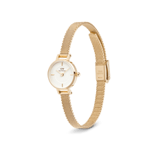 Petite Mini Evergold gold mesh strap watch with a 19mm round white dial, slim stainless steel case, and adjustable safety buckle, shown at an angle to highlight its elegant and minimalist design.