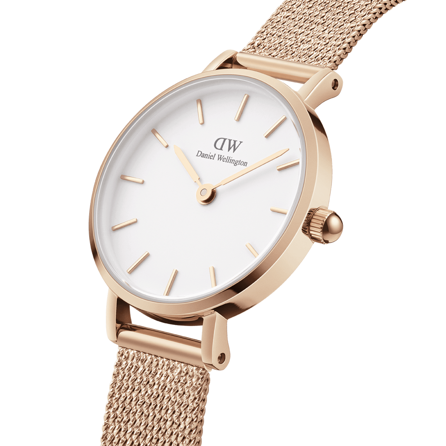 Close-up of the Petite Pressed Melrose Rose Gold watch featuring a rose gold mesh strap, minimalist eggshell white dial, and slim 24mm case, highlighting its elegant and modern design for women.