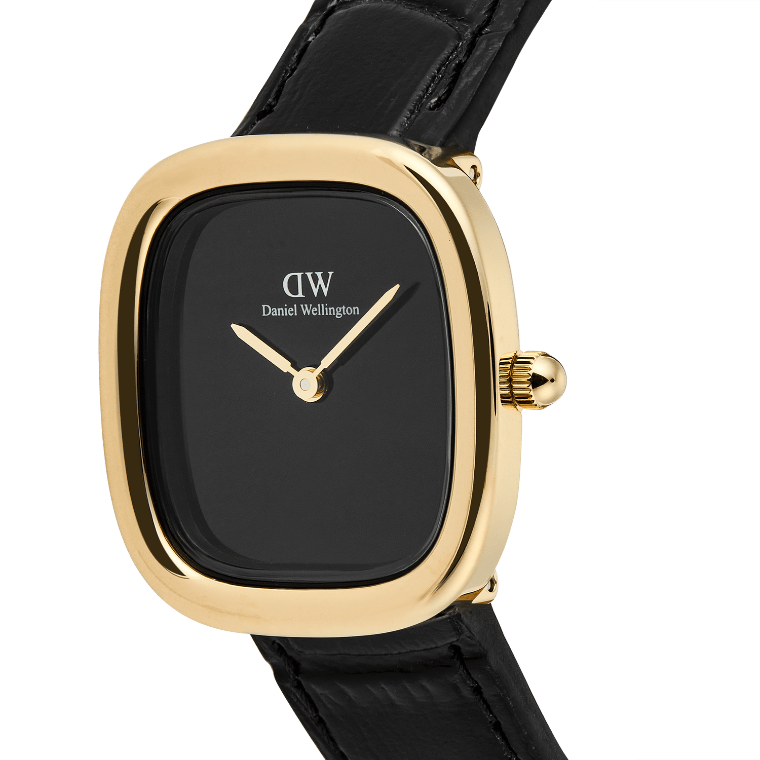 Margot Reading Onyx Ceramic Gold ladies watch with a polished gold-tone rectangular case, minimalist black ceramic dial, and black croco-embossed leather strap, highlighting its slim and elegant profile.