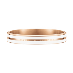 Wide rose gold bangle with satin white enamel detailing and engraved logo, featuring a smooth, polished finish and modern minimalist design suitable for both men and women.
