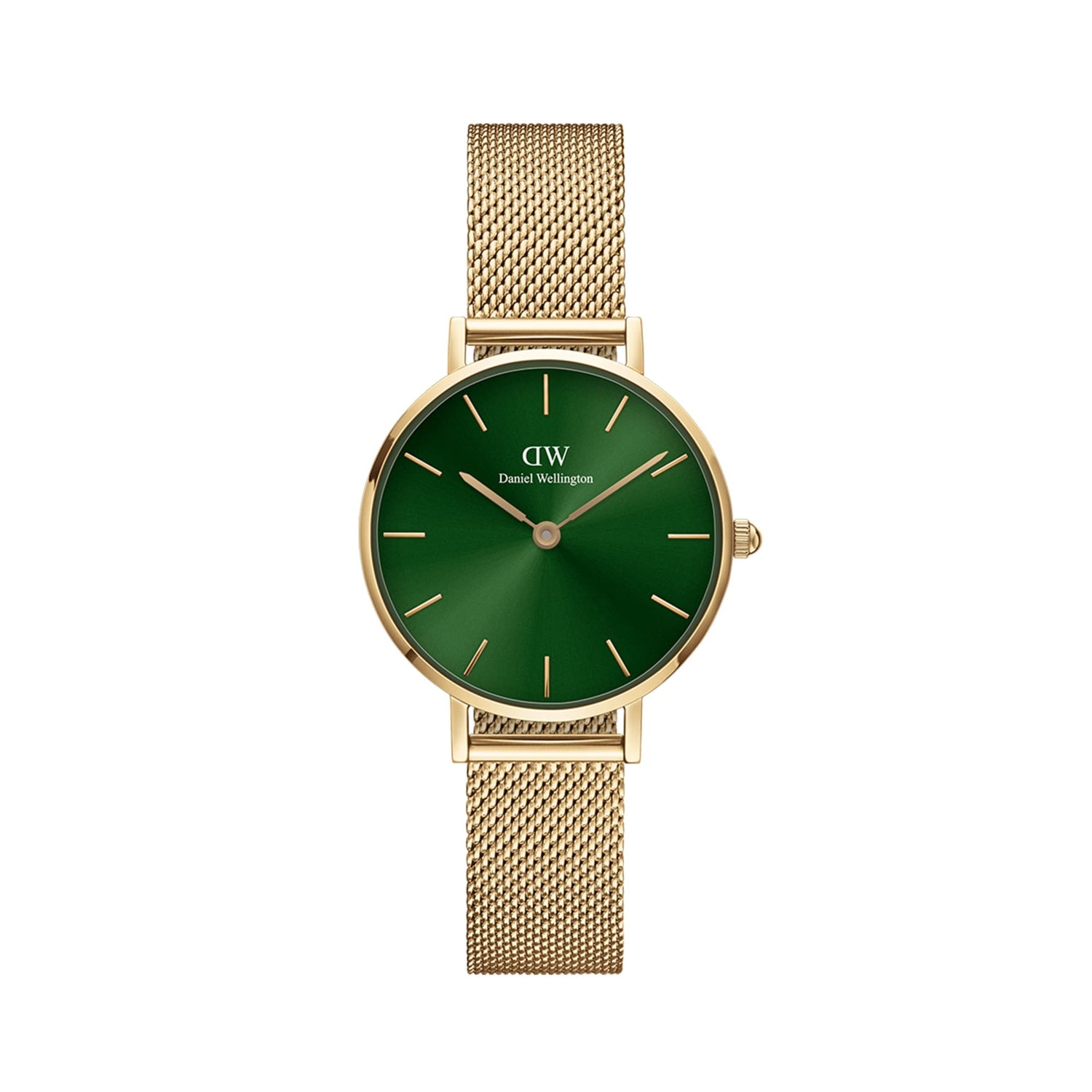 Petite Emerald gold watch for women with a slim gold mesh strap and a deep green sunray dial, designed for a modern and elegant everyday look.