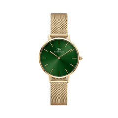 Petite Emerald gold watch for women with a slim gold mesh strap and a deep green sunray dial, designed for a modern and elegant everyday look.