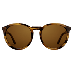 Bio-Acetate Arch Brown Demi sunglasses with a round brown demi frame and amber coloured lenses, featuring lightweight bio-acetate construction and subtle Daniel Wellington branding on the temples.