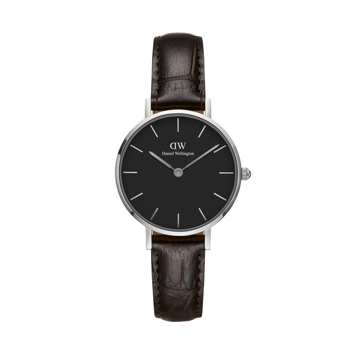 Petite York Black Silver ladies watch with a minimalist black dial, slim silver stainless steel case, and croc-embossed dark brown leather strap, designed for everyday elegance and comfort.