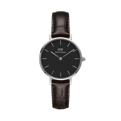 Petite York Black Silver ladies watch with a minimalist black dial, slim silver stainless steel case, and croc-embossed dark brown leather strap, designed for everyday elegance and comfort.