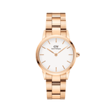 Rose gold Daniel Wellington Iconic Link watch with a polished three-link stainless steel bracelet and a minimalist eggshell white dial, featuring slim hour markers and a secure clasp.