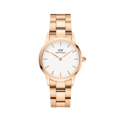 Rose gold Daniel Wellington Iconic Link watch with a polished three-link stainless steel bracelet and a minimalist eggshell white dial, featuring slim hour markers and a secure clasp.