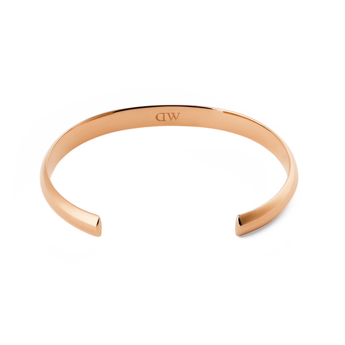 Arch Cuff Rose Gold 6mm bracelet with a polished, mirror-like finish, gently rounded edges, and a subtle engraved logo on the inside.