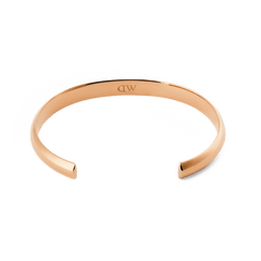 Arch Cuff Rose Gold 6mm bracelet with a polished, mirror-like finish, gently rounded edges, and a subtle engraved logo on the inside.