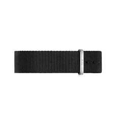 Black NATO strap for the Classic Cornwall Black Silver watch, featuring durable woven polyester and a polished silver buckle for easy adjustment and comfort.