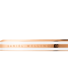 Close-up of the Emalie Slim Bracelet Rose Gold showing the engraved Daniel Wellington logo, sleek rose gold finish, and satin white enamel detailing for a refined minimalist look.