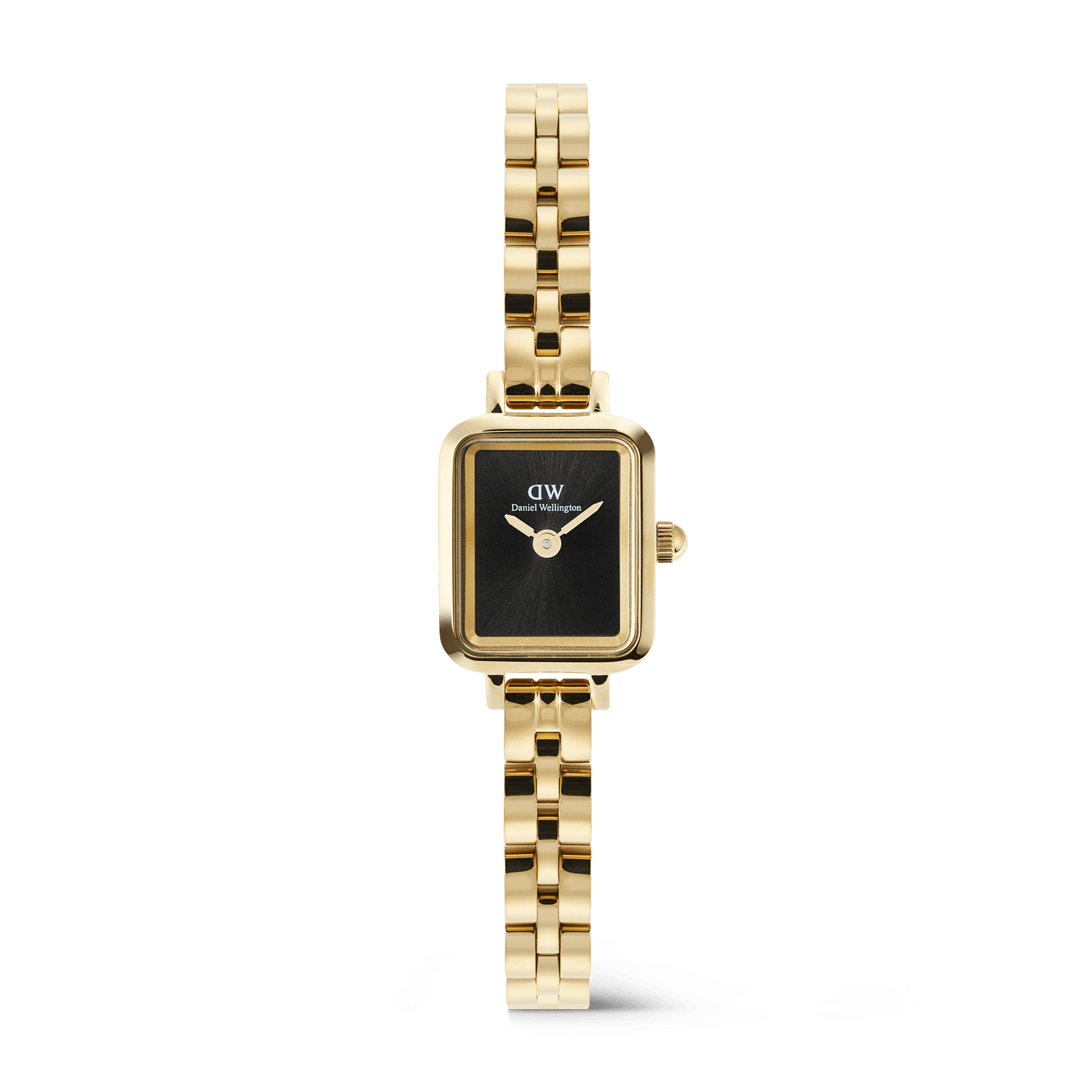 Quadro Mini Arch 3-link Onyx Sunray Gold ladies watch featuring a petite rectangular case, sleek black dial, and polished gold PVD-plated stainless steel bracelet with a butterfly clasp.