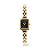 Quadro Mini Arch 3-link Onyx Sunray Gold ladies watch featuring a petite rectangular case, sleek black dial, and polished gold PVD-plated stainless steel bracelet with a butterfly clasp.
