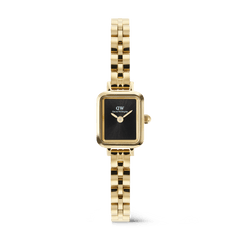 Quadro Mini Arch 3-link Onyx Sunray Gold ladies watch featuring a petite rectangular case, sleek black dial, and polished gold PVD-plated stainless steel bracelet with a butterfly clasp.