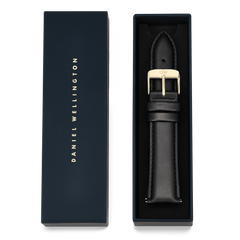 Tapered Sheffield Strap Gold presented in premium packaging, featuring a classic black leather strap with a polished gold buckle, ideal for gifting or updating your watch.