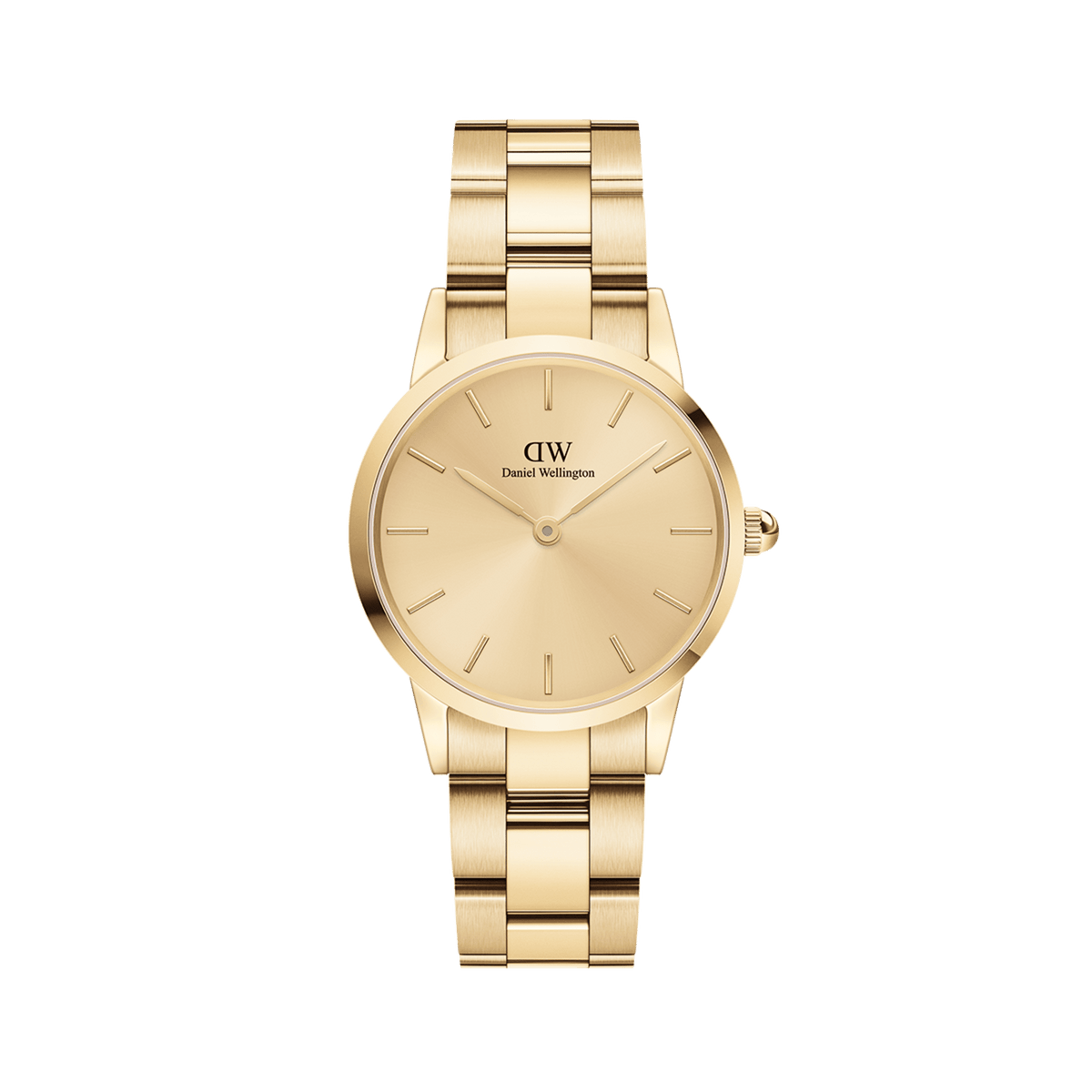Gold Daniel Wellington Iconic Link Unitone G watch with a 28mm round case, minimalist gold dial, slim gold markers, and a polished gold-tone stainless steel link bracelet.