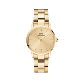 Gold Daniel Wellington Iconic Link Unitone G watch with a 28mm round case, minimalist gold dial, slim gold markers, and a polished gold-tone stainless steel link bracelet.