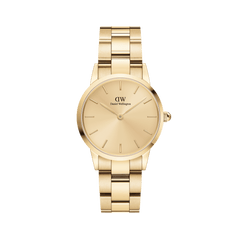 Gold Daniel Wellington Iconic Link Unitone G watch with a 28mm round case, minimalist gold dial, slim gold markers, and a polished gold-tone stainless steel link bracelet.