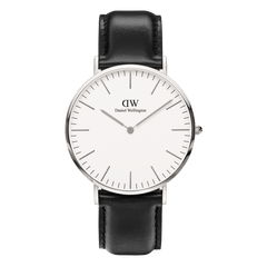 Classic Sheffield Silver watch with a polished silver case, minimalist eggshell white dial, slim silver hands, and a black genuine leather strap, shown from the front against a plain background.