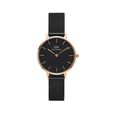 Petite Ashfield Rose Gold ladies watch with a classic black dial, rose gold case, and slim black mesh strap, ideal for daily wear and versatile styling.