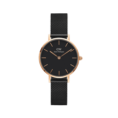 Petite Ashfield Rose Gold ladies watch with a classic black dial, rose gold case, and slim black mesh strap, ideal for daily wear and versatile styling.