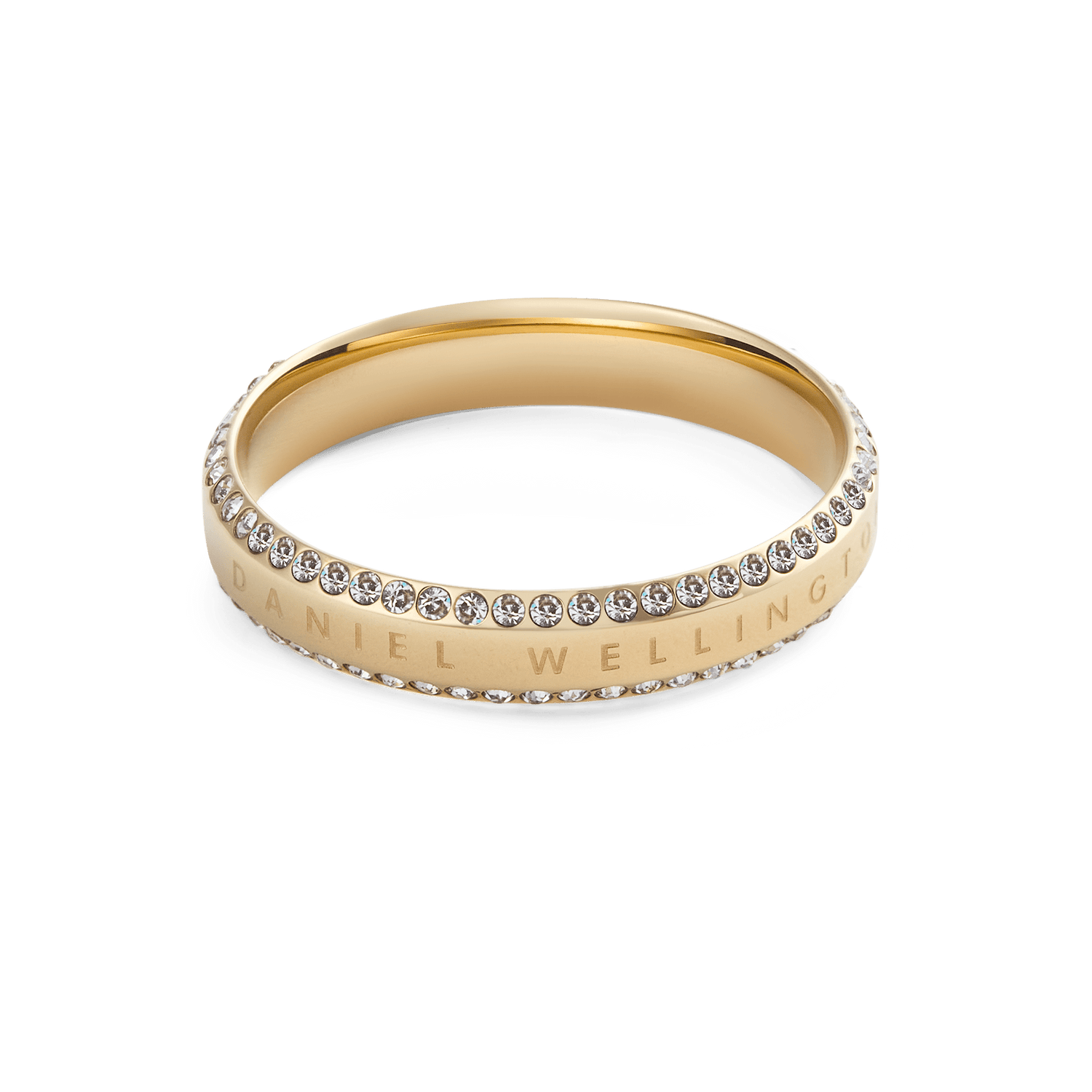 Classic Aura Duo Ring Gold with a sleek gold band, engraved centre, and pavé-set crystal rows, offering a versatile and elegant jewellery option for women.