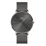 Classic Mesh Graphite watch with a graphite grey stainless steel mesh strap and minimalist sunray dial, featuring a 40mm case and monochrome finish suitable for everyday wear.