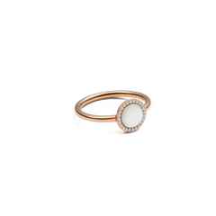 Audrey Ring Mother of Pearl Rose Gold with a polished rose gold band, featuring a domed mother of pearl centre and a sparkling halo of white cubic zirconia.
