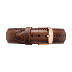 Brown leather watch strap with visible stitching and a rose gold buckle, designed for a secure and comfortable fit on a range of watch sizes.