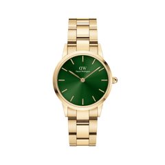 Iconic Link Emerald Gold watch with a brushed gold stainless steel bracelet and a vibrant emerald green dial, featuring minimalist gold hour markers and a secure clasp for everyday elegance.