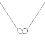 Silver chain necklace featuring two interlocked polished rings as a pendant, showcasing a minimalist and elegant design suitable for both casual and formal wear.