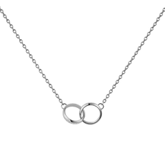 Silver chain necklace featuring two interlocked polished rings as a pendant, showcasing a minimalist and elegant design suitable for both casual and formal wear.