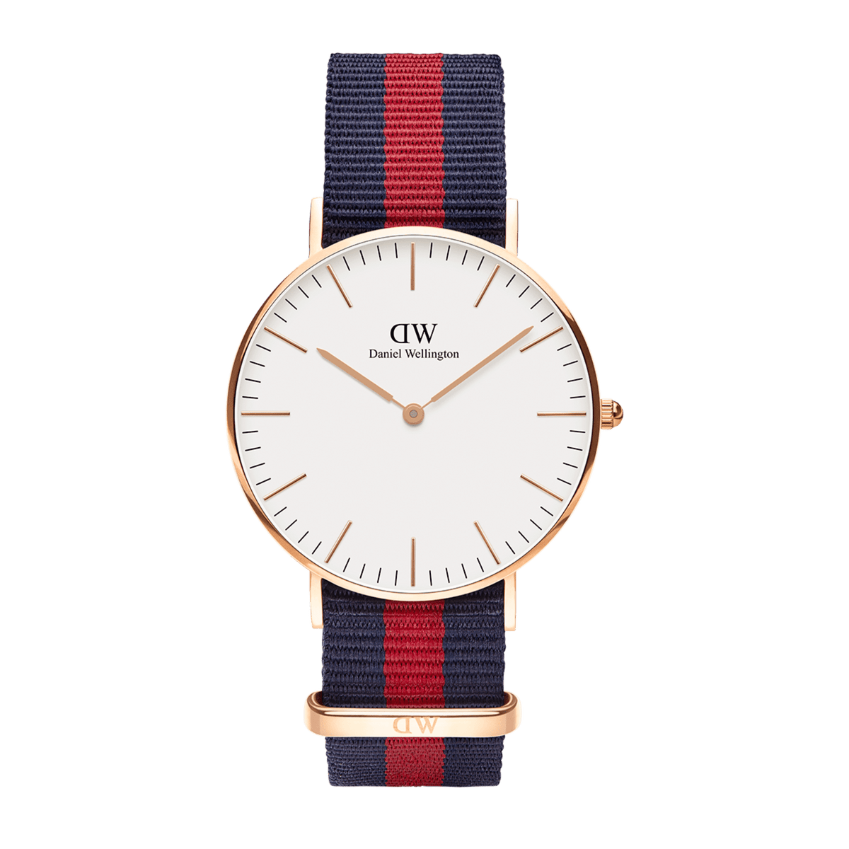Classic Oxford Rose Gold watch with a minimalist white dial, slim rose gold case, and a blue and red striped NATO fabric strap, designed for versatile everyday wear.