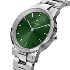 Close-up of the Iconic Link Emerald Green Silver watch, highlighting its emerald green dial, minimalist hour markers, and polished stainless steel link bracelet.