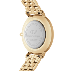 Back view of the Petite 5-Link Evergold ladies watch showing the engraved stainless steel caseback, gold PVD-plated 5-link bracelet, and secure clasp, highlighting the quality craftsmanship and attention to detail.
