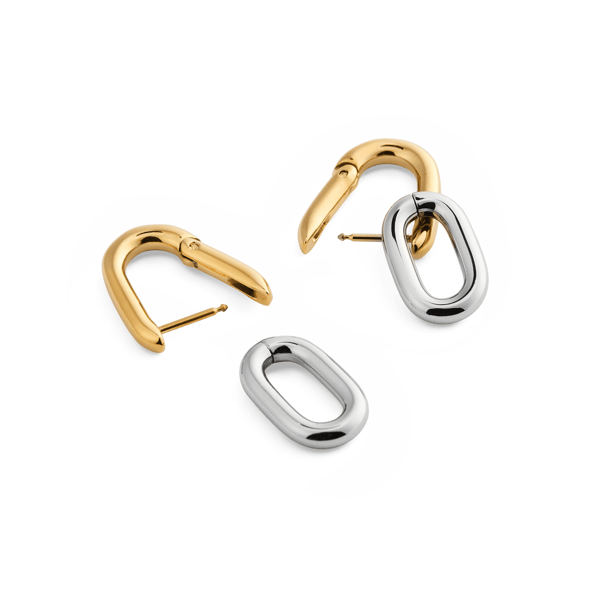Contrast Link Earrings Two Tone Gold shown with gold hoops and separate silver links, highlighting their modular, convertible design and polished finish.