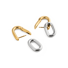 Contrast Link Earrings Two Tone Gold shown with gold hoops and separate silver links, highlighting their modular, convertible design and polished finish.