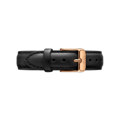 Black genuine leather watch strap with a rose gold buckle, designed for the Petite Sheffield ladies watch and suitable for everyday comfort and style.