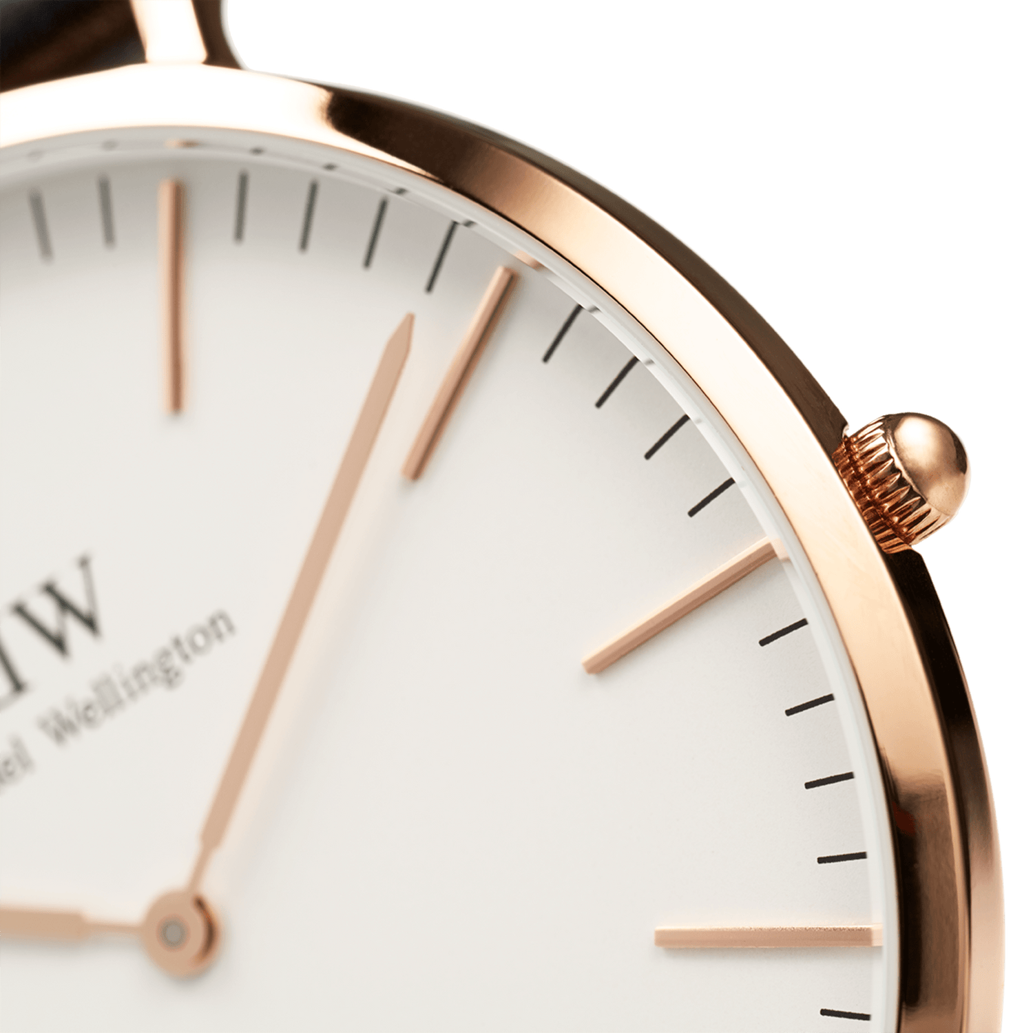 Close-up of the Classic St Mawes Rose Gold watch, highlighting the polished rose gold case, minimalist eggshell white dial, and slim rose gold hands and markers.