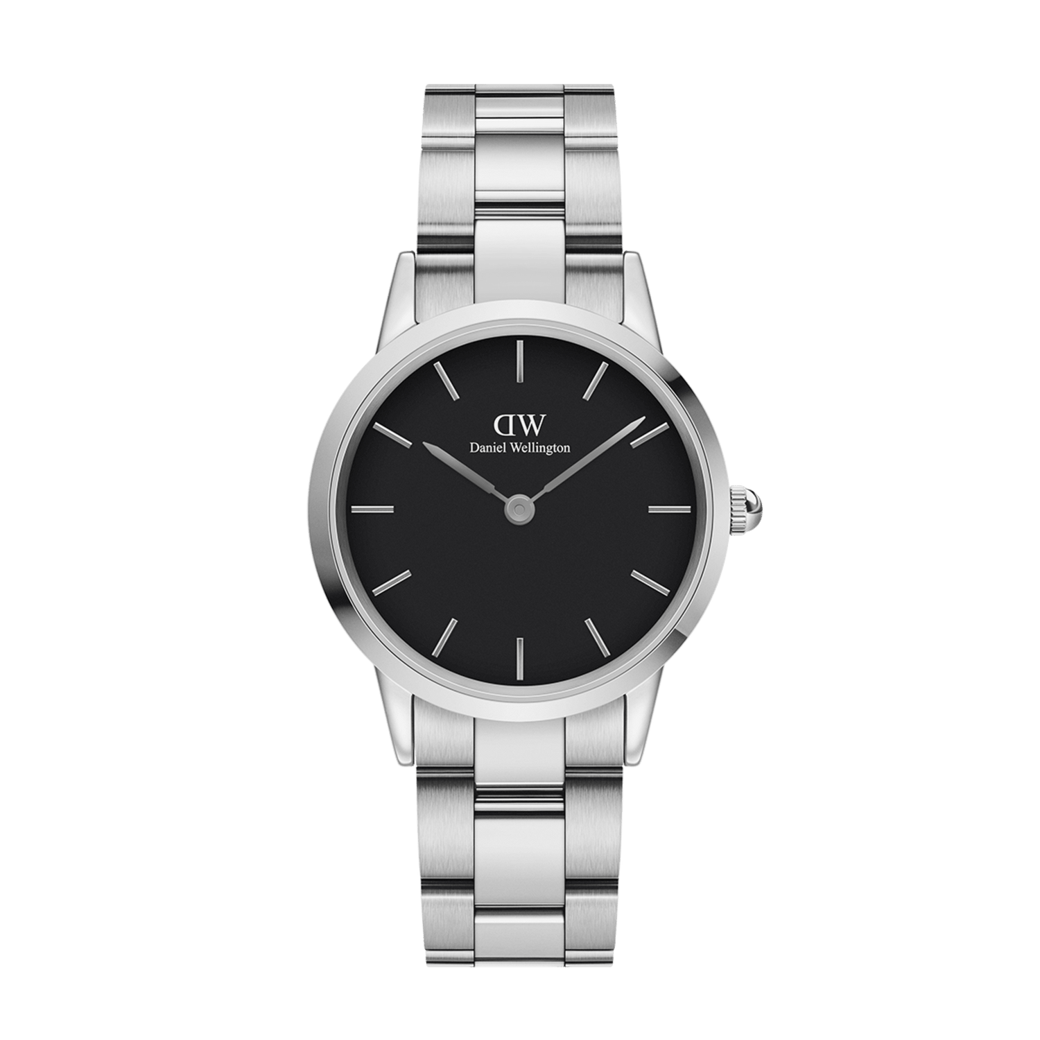 Daniel Wellington Iconic Link watch with a silver stainless steel adjustable bracelet and a minimalist black dial, designed for versatile everyday wear.